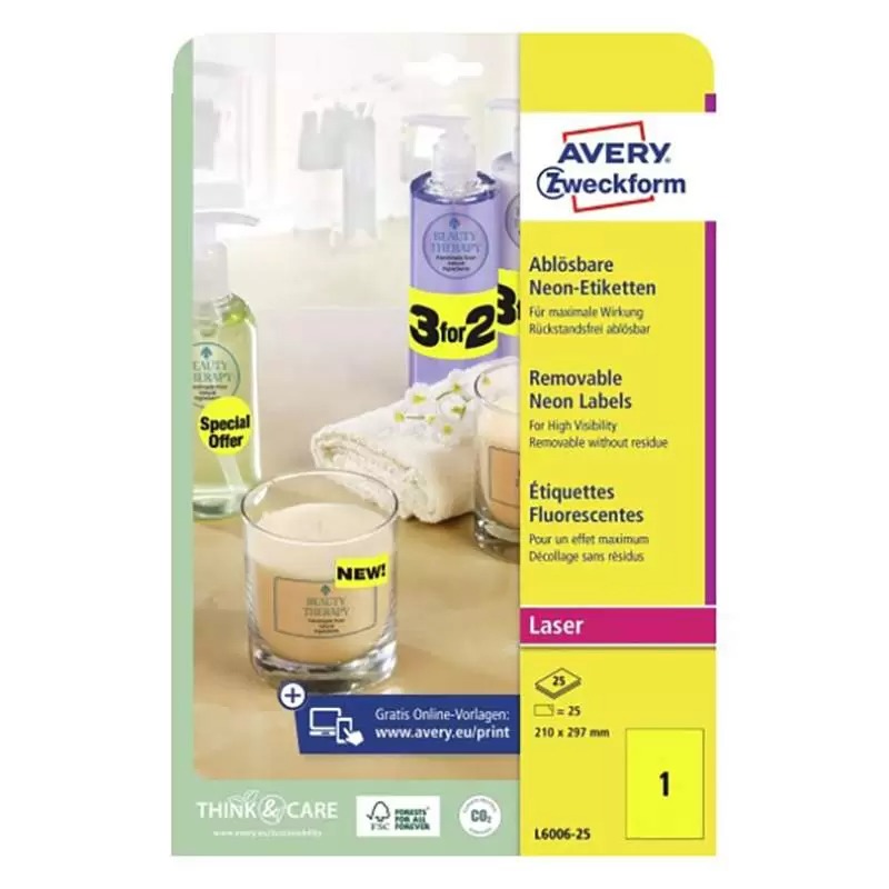 

Этикетки неоновые Avery Zweckform, L+K, 210 x 297 мм, желтые, 25 штук 25 листов, Желтый