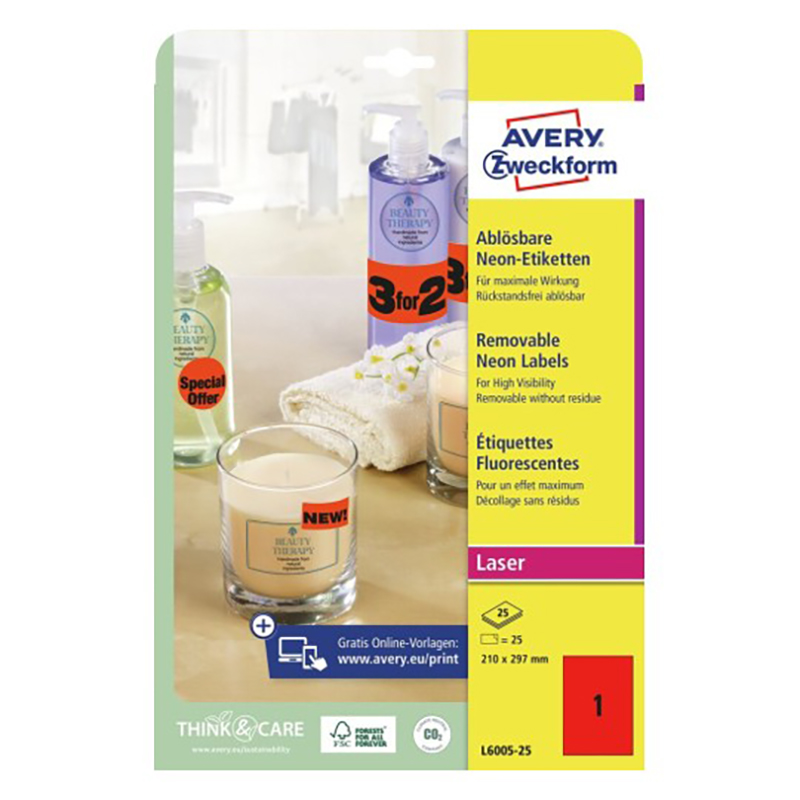 

Этикетки неоновые Avery Zweckform, L+K, 210 x 297 мм, красные, 25 штук 25 листов, Красный