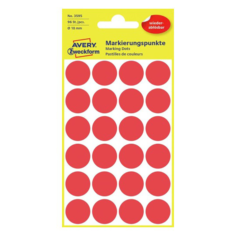 Avery Zweckform Этикетки-точки удаляемые Avery Zweckform, d=18 мм, 96штук Красный