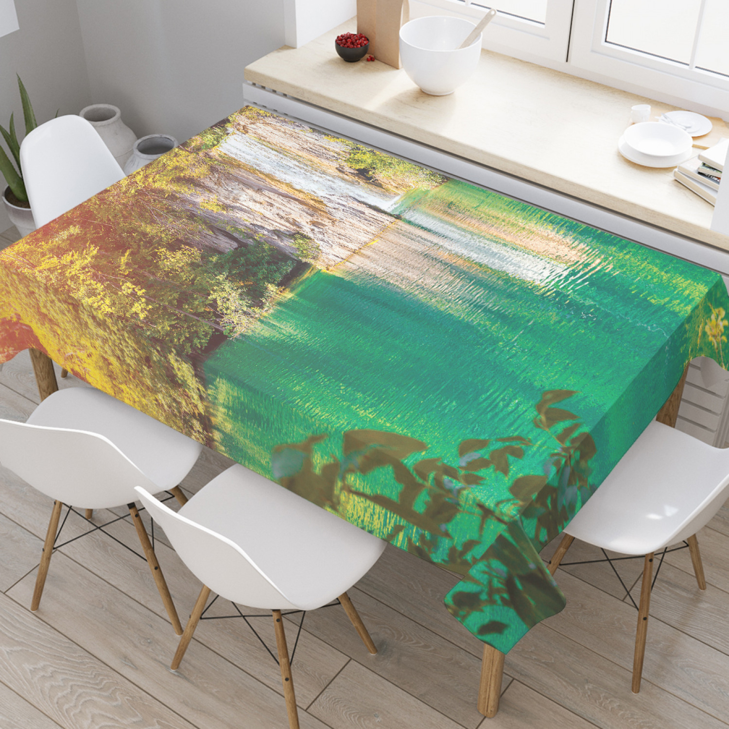 

Скатерть прямоугольная JoyArty "Водопад на озере" из оксфорда, 120x145 см, Зеленый, Водопад на озере