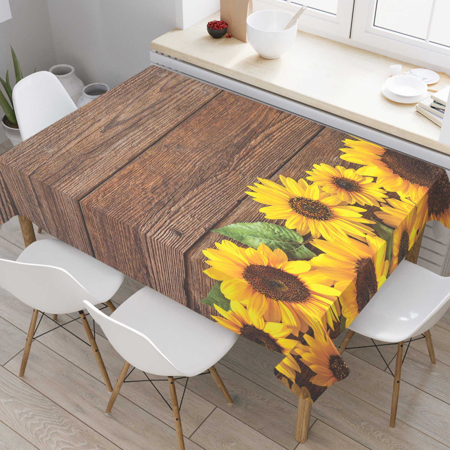 

Скатерть прямоугольная JoyArty "Подсолнухи на досках" из оксфорда, 120x145см, Коричневый, Подсолнухи на досках