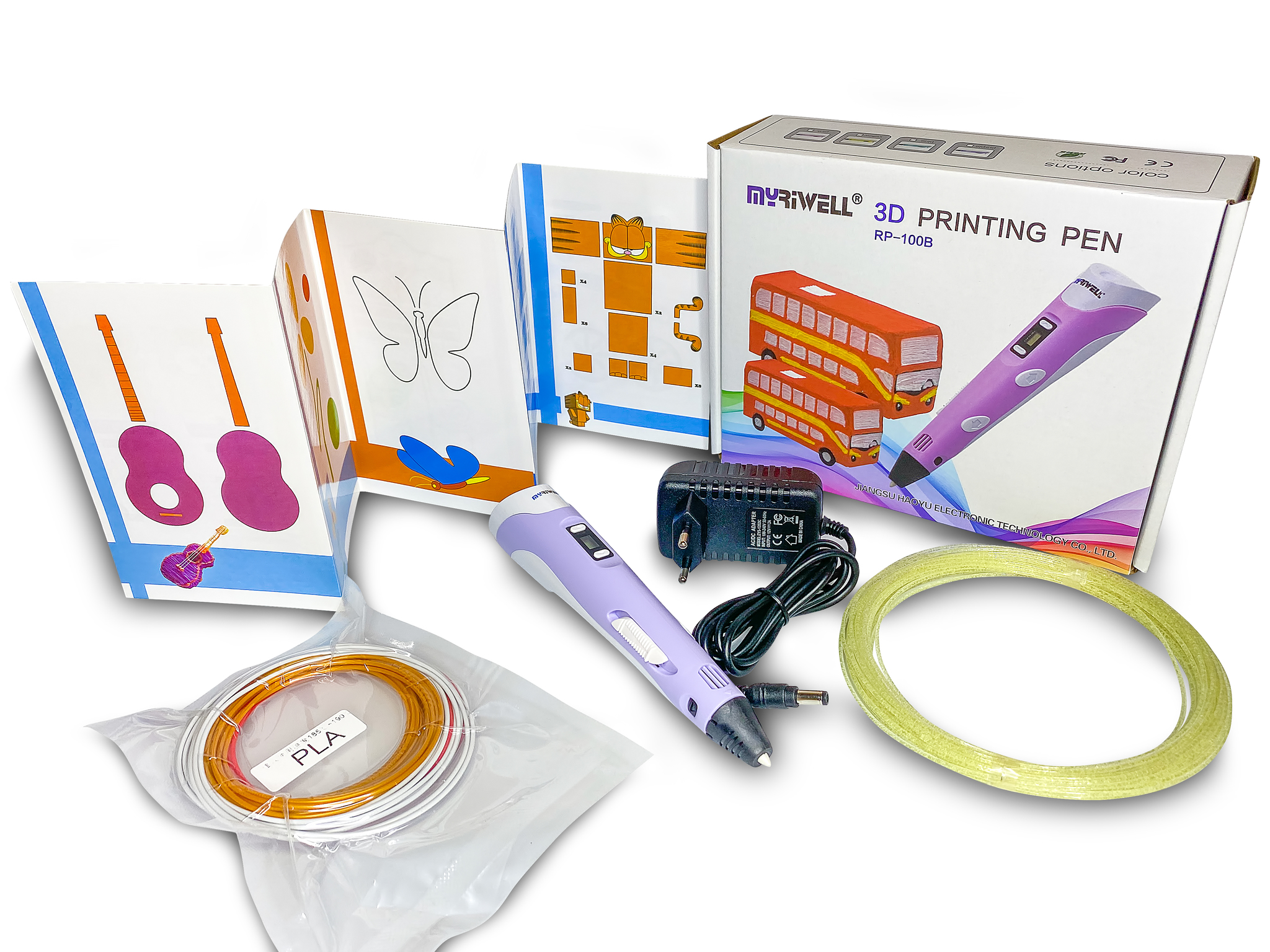 3D ручка Myriwell RP100B со светящимся в темноте пластиком и набором трафаретов, фиолет. 3d ручка myriwell rp100b со светящимся в темноте пластиком и набором трафаретов розовый