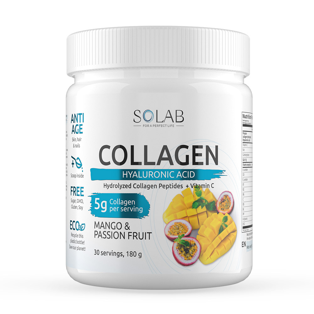 Купить Коллаген с витамином C и гиалуроновой кислотой, Коллаген SOLAB с витамином C и гиалуроновой кислотой манго-маракуйя порошок 180 г