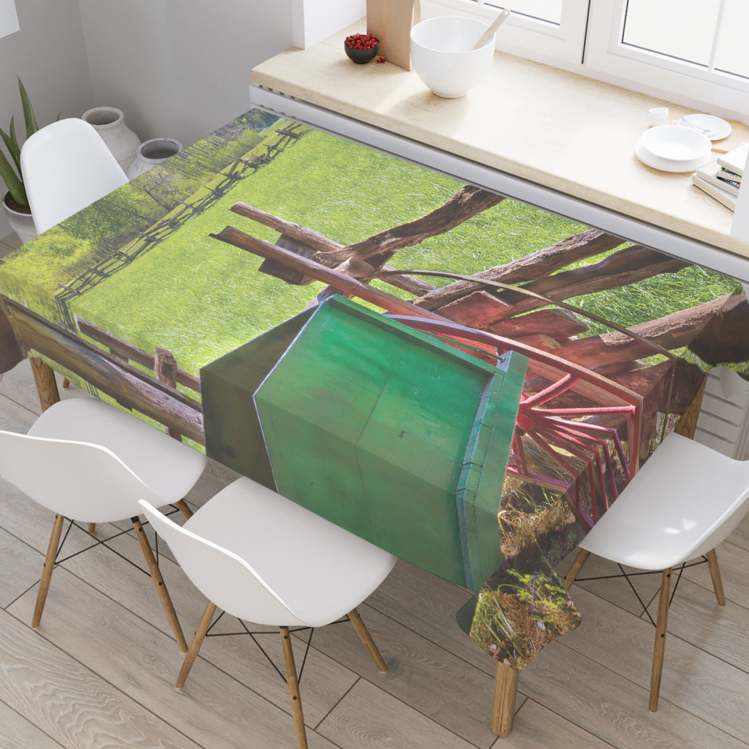 

Скатерть прямоугольная JoyArty "Повозка под навесом" из оксфорда, 120x145 см, Зеленый, Повозка под навесом