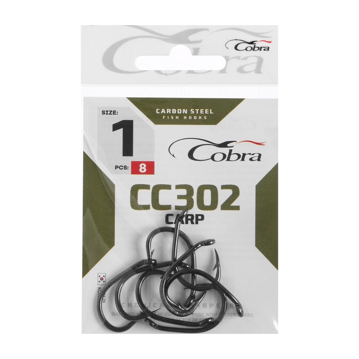 

Крючки Cobra Carp, серия CC302, № 01, 8шт., Черный, Carp CC302