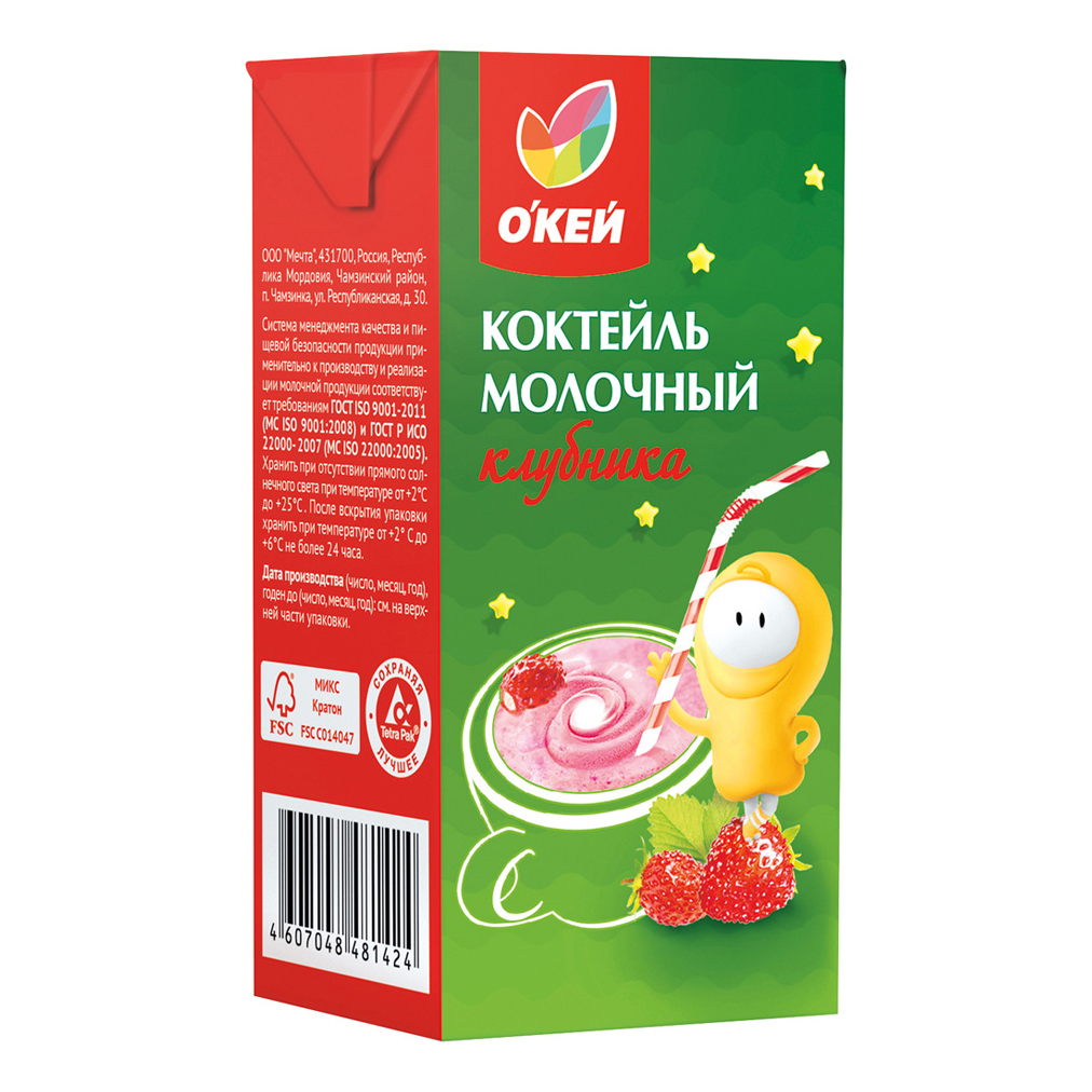 

Молочный коктейль Окей Клубника 3,2% бзмж 200 мл
