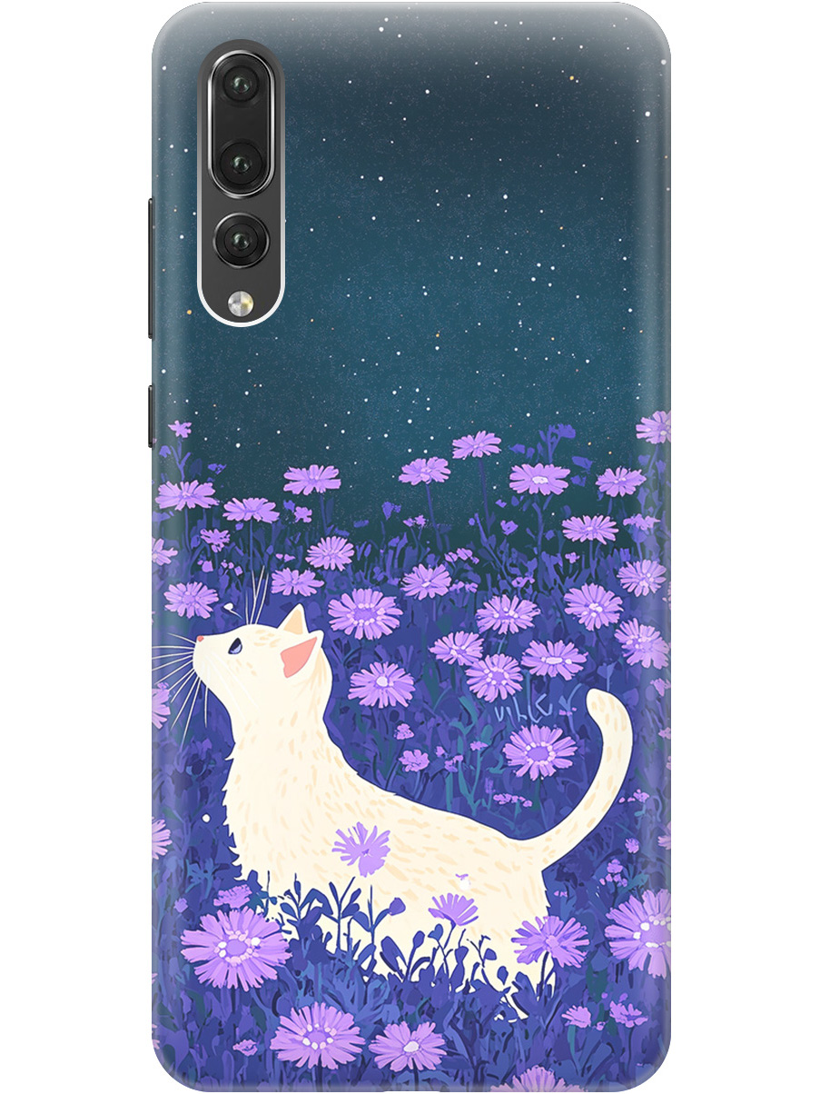 

Силиконовый чехол на Huawei P20 Pro с принтом "Котик в сиреневых цветах" матовый черный, Черный;белый;фиолетовый, 717872312