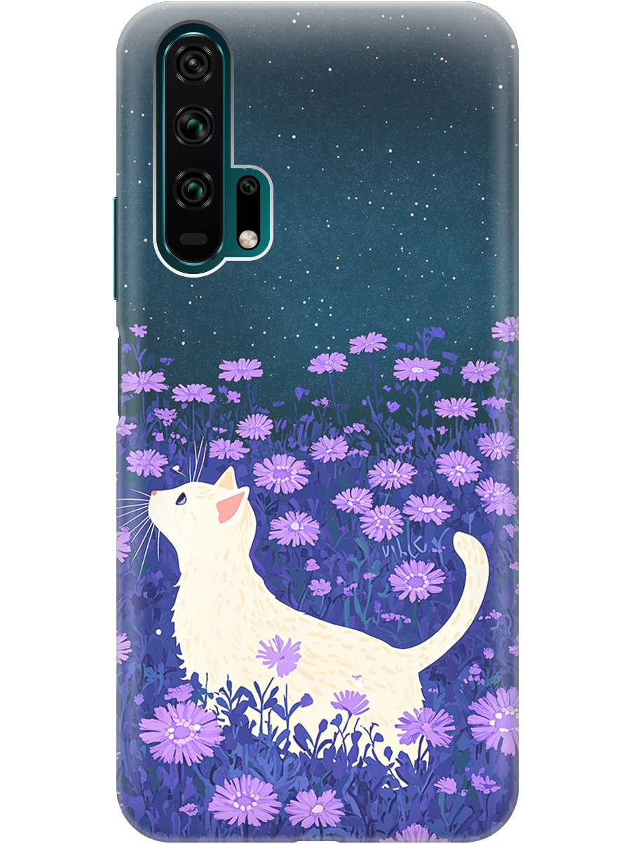 

Силиконовый чехол на Honor 20 Pro с принтом "Котик в сиреневых цветах" матовый черный, Черный;белый;фиолетовый, 721700712