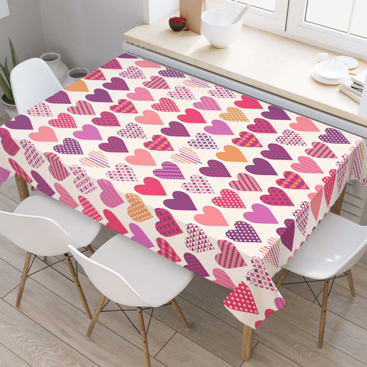 

Скатерть прямоугольная на кухонный стол JoyArty "Лоскутные сердца" из оксфорда, 120x145 см, Белый, Лоскутные сердца