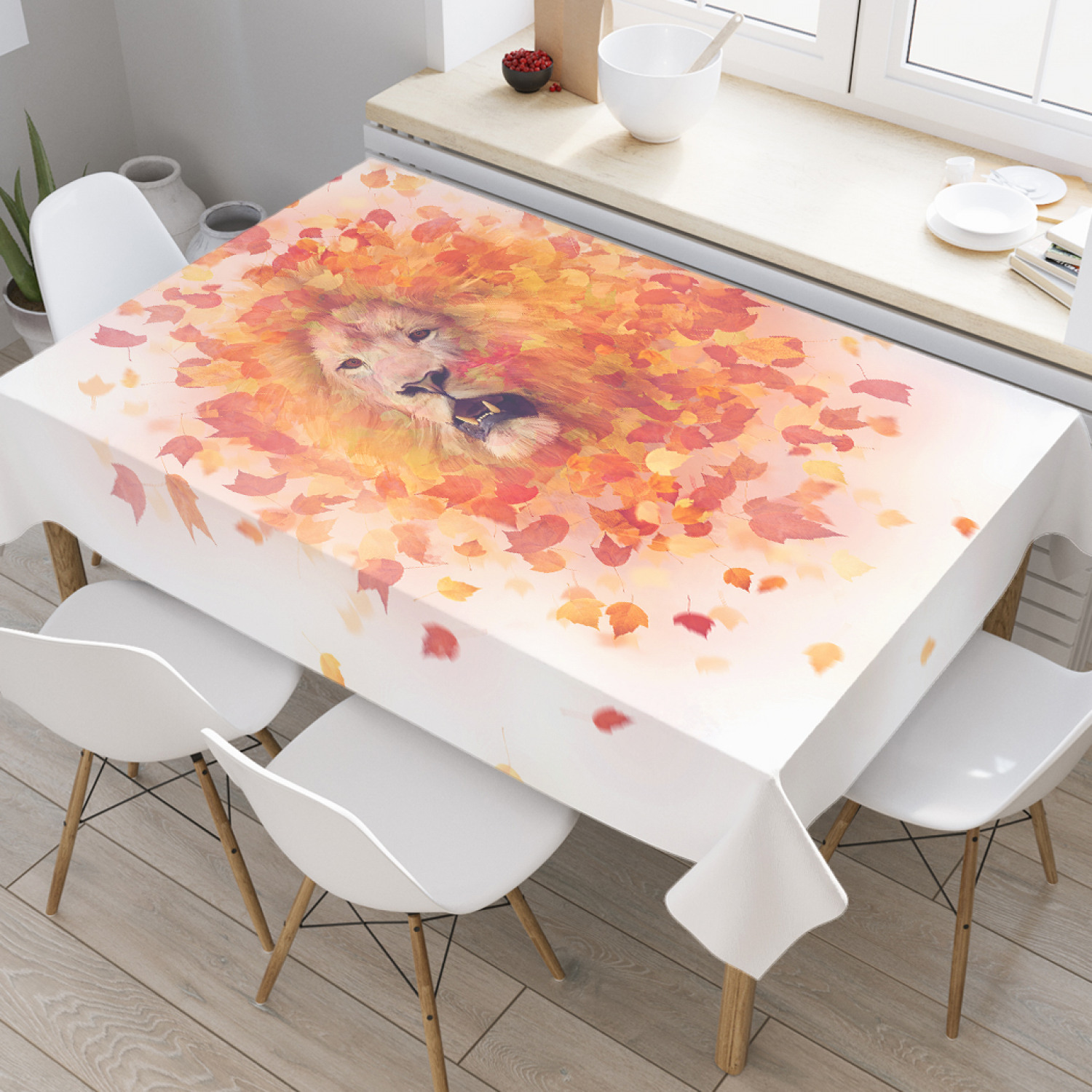 

Скатерть прямоугольная JoyArty "Лев в осенних листьях" из оксфорда, 120x145см, Оранжевый, Лев в осенних листьях