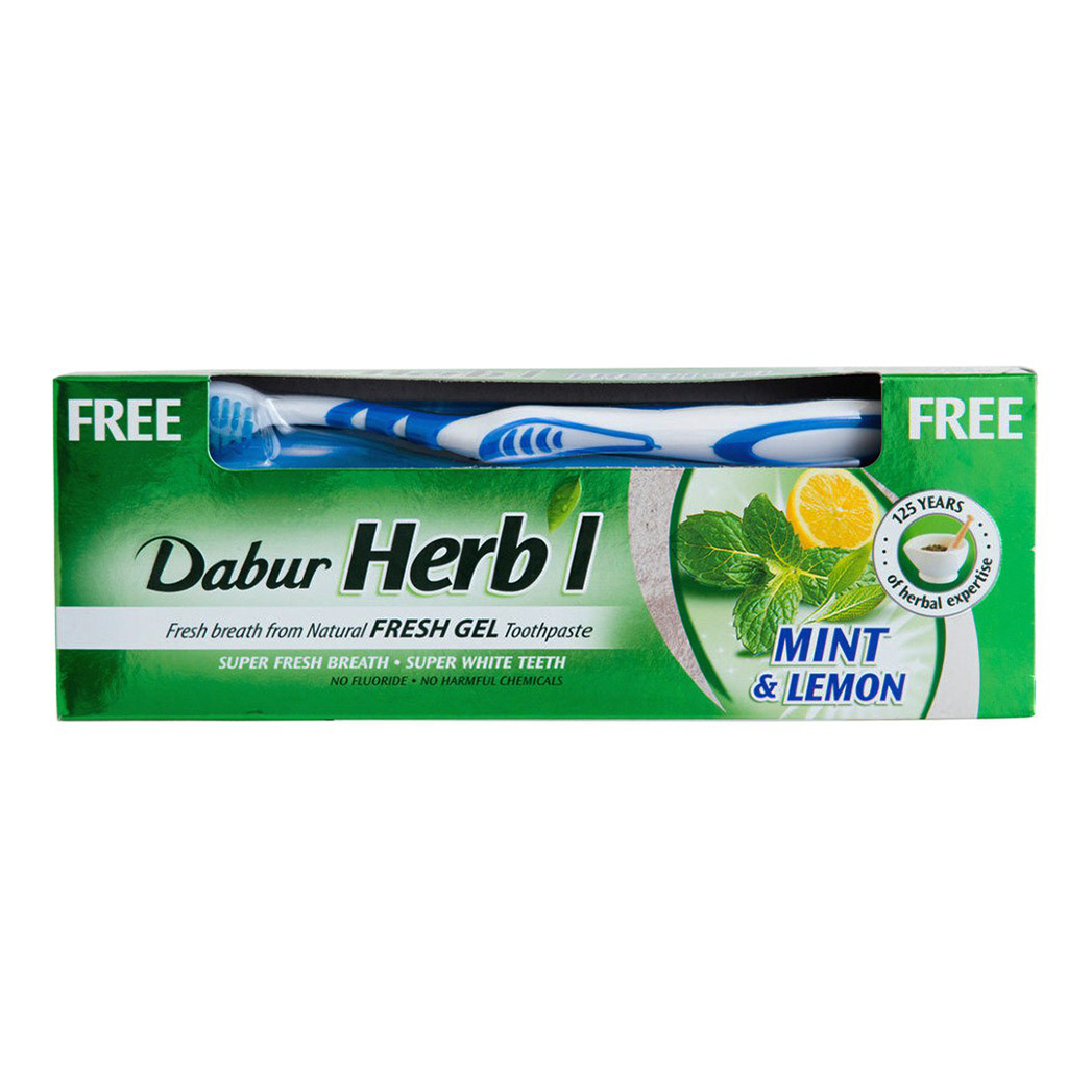 Зубная паста Dabur Herb'l Mint & Lemon с зубной щеткой 150 г зубная паста dabur herb’l aloe vera с экстрактом алое 150 г в комплекте с зубной щеткой