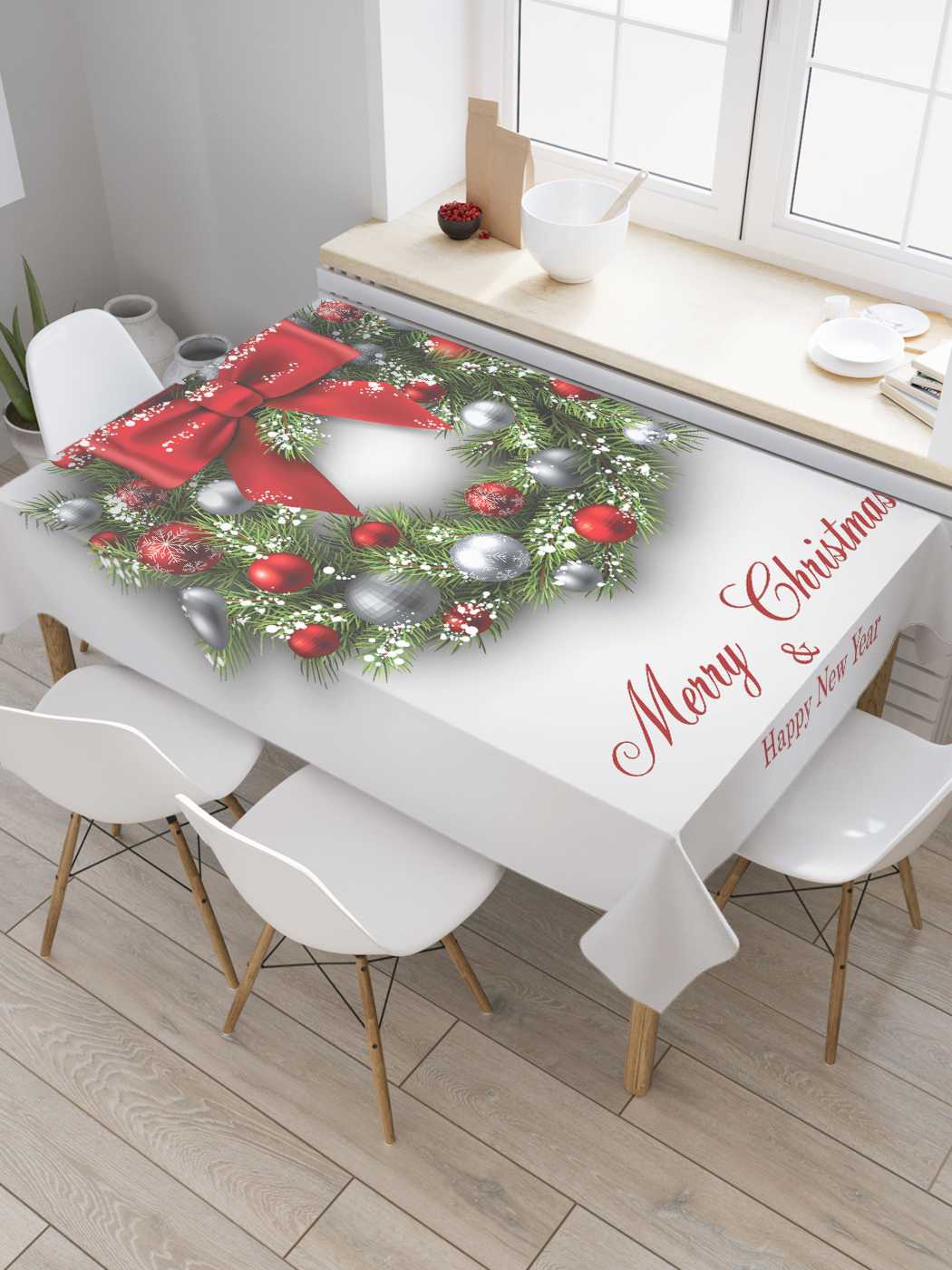 фото Скатерть прямоугольная joyarty "сказочный рождественский венок" из сатена, 180x145 см