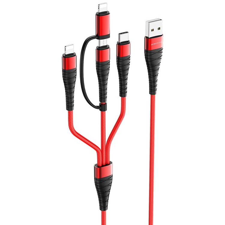 фото Кабель usb 2.0 a (m) - micro usb (m)+2xlightning (m)+type-c (m) 1м borofone bx32 красный