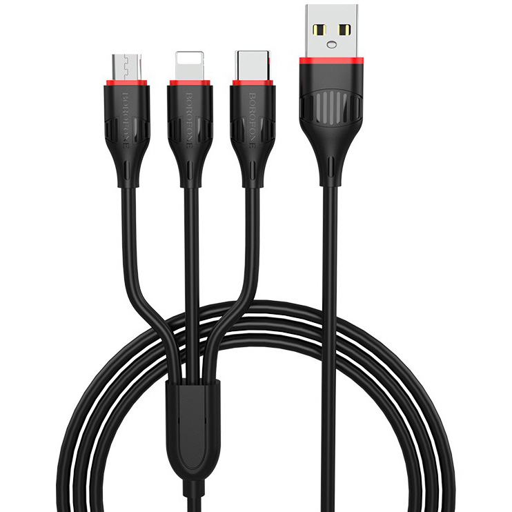 фото Кабель usb 2.0 a - micro usb 2.0 b+lightning+type-c 1м borofone bx17 enjoy 3-in-1 - черный