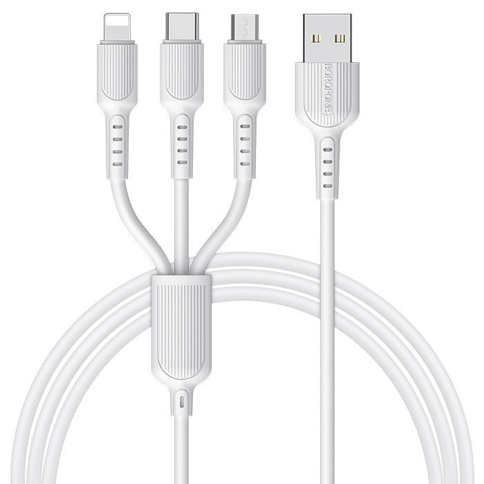 Кабель USB 2.0 A - micro USB 2.0 B+Lightning+Type-C 1м Borofone BX16 Easy 3-in-1 - Белый