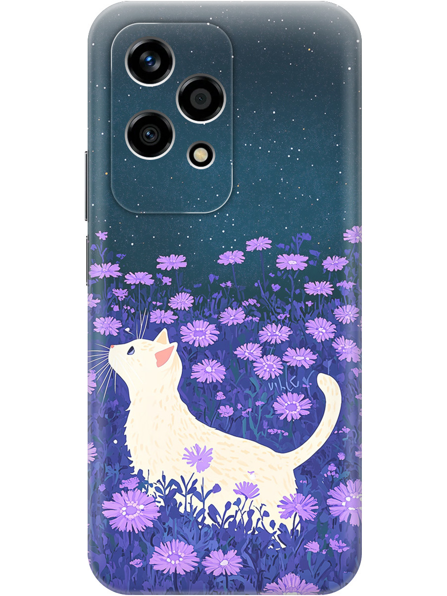 

Силиконовый чехол на Honor 200 lite с принтом "Котик в сиреневых цветах" матовый черный, Черный;белый;фиолетовый, 783979012