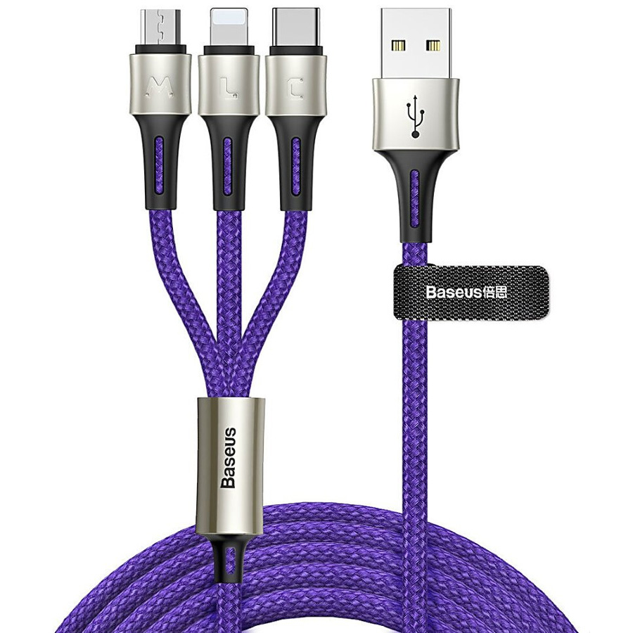 фото Кабель usb - microusb+lightning+type-c 1.2м baseus caring touch selection синий camlt-gh03