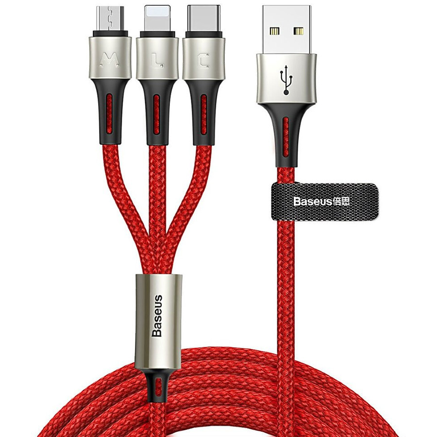 фото Кабель usb 2.0 a - micro usb+lightning+type-c 1.2м baseus caring красный (camlt-gh09)