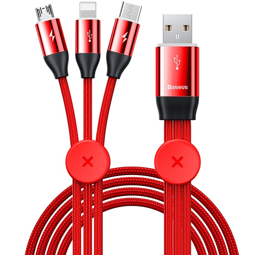 фото Кабель usb 2.0 - micro usb+lightning+type-c 1м baseus car co-sharing красный (camlt-fx09)