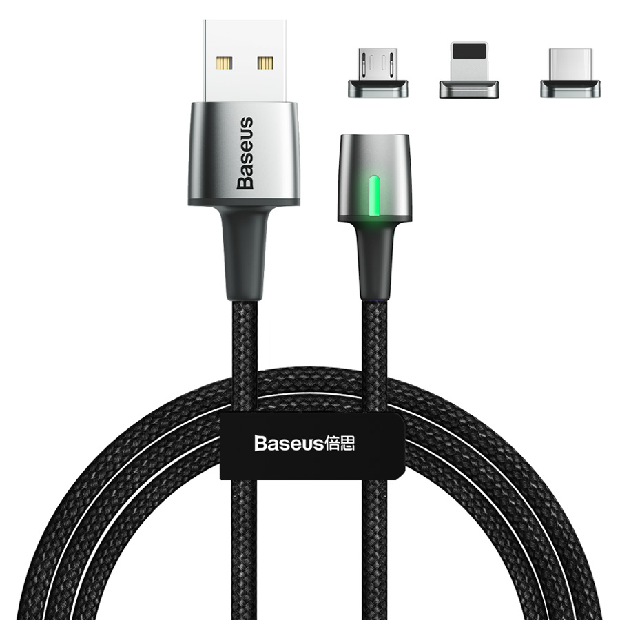 фото Магнитный кабель usb 2.0 a - micro usb+lightning+type-c 2м baseus zinc черный (tzcaxc-b01)