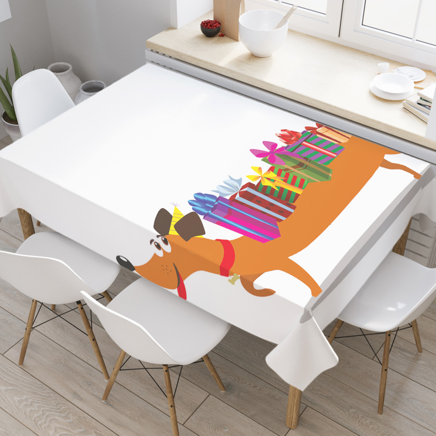 

Скатерть прямоугольная JoyArty "Такса подвозит подарки" из оксфорда, 120x145см, Белый, Такса подвозит подарки