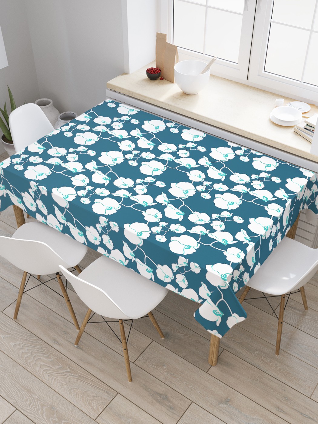 

Скатерть прямоугольная JoyArty "Паутина орхидей" из оксфорда, 120x145 см, Синий, Паутина орхидей