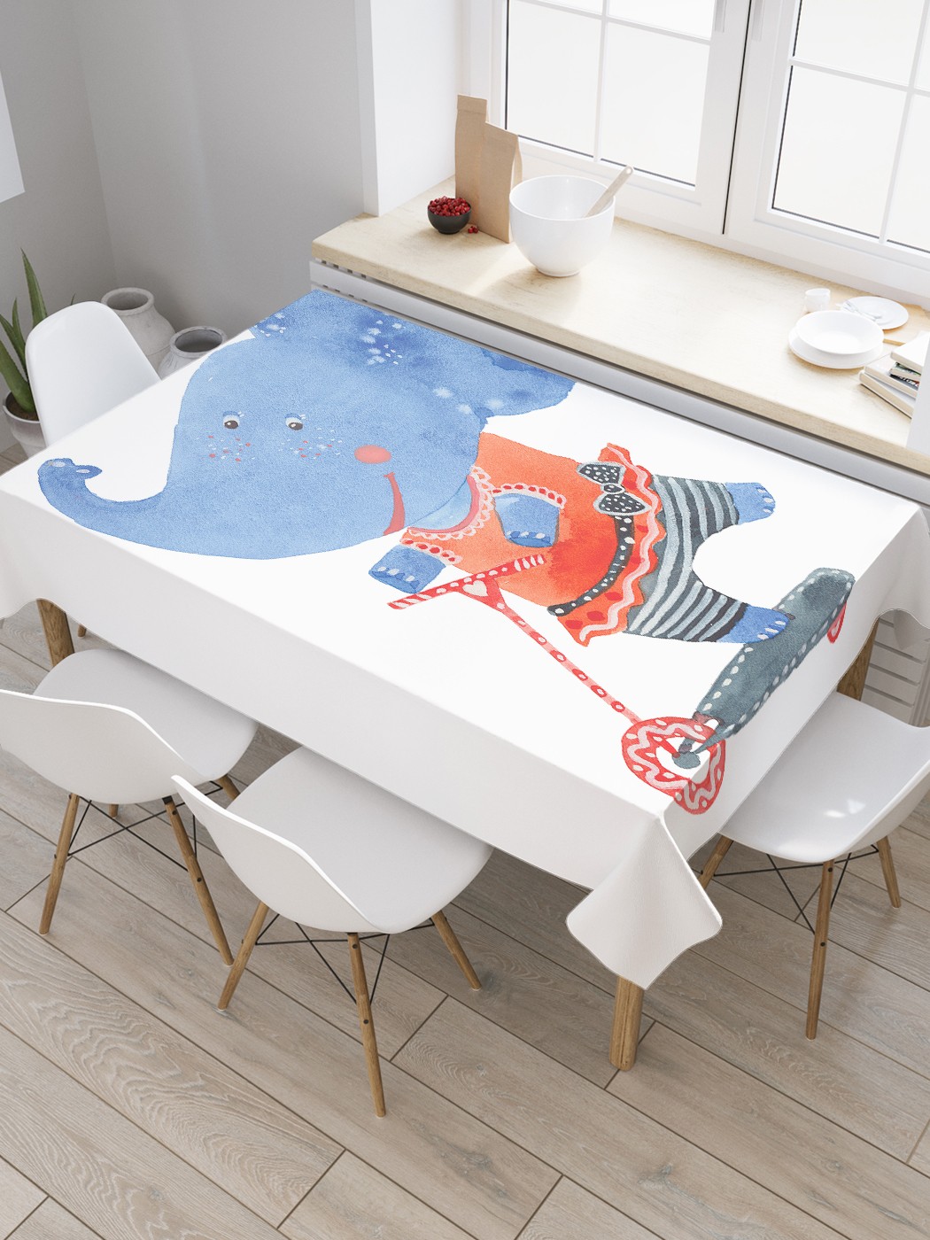 

Скатерть прямоугольная JoyArty "Слон на самокате" из оксфорда, 120x145 см, Голубой, Слон на самокате