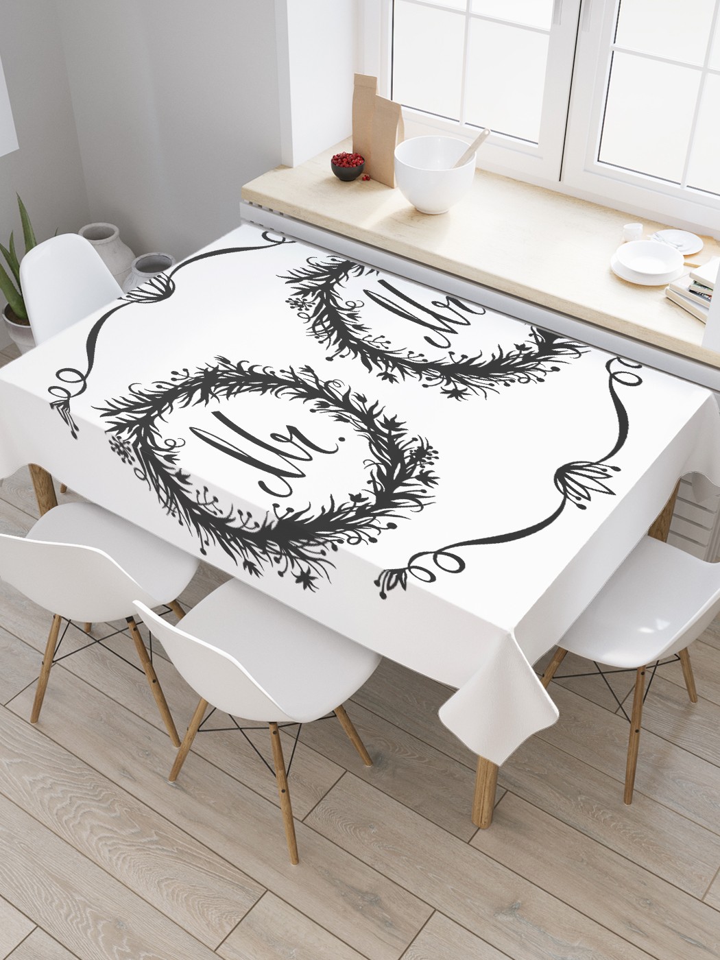 

Скатерть прямоугольная JoyArty "Графическое бракосочетание" из оксфорда, 120x145 см, Белый, Графическое бракосочетание