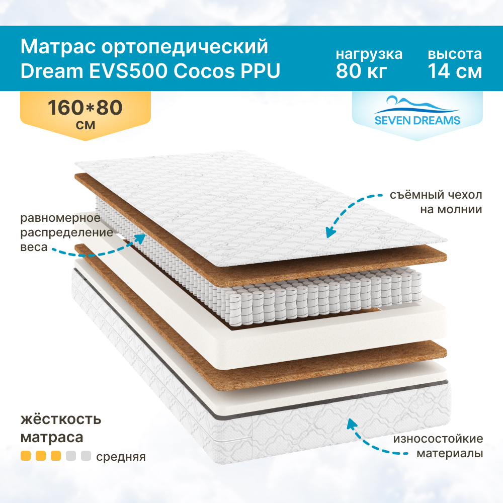 

Матрас SevenDreams Dream EVS500 Cocos PPU 160 на 80 см, Dream EVS500 Cocos PPU