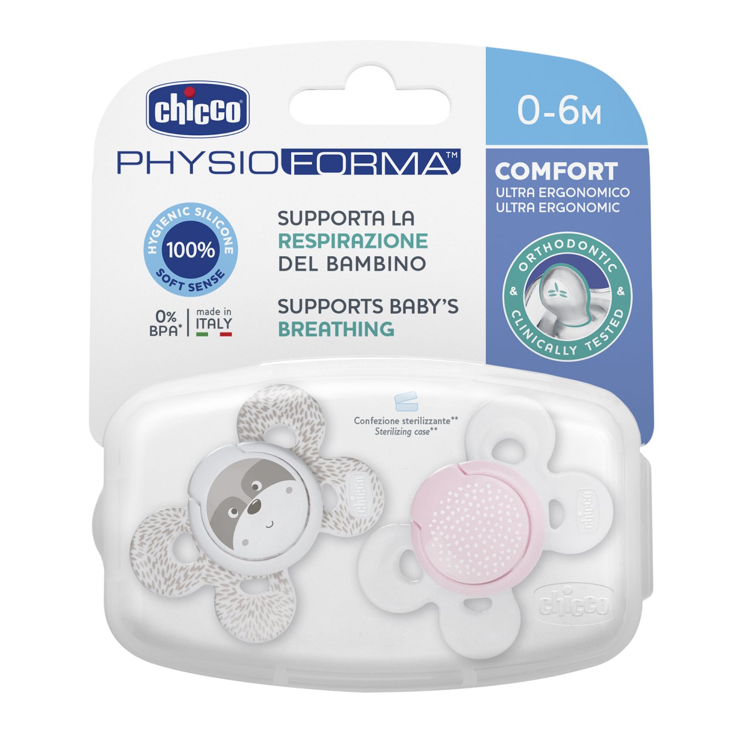 Пустышка Physio Comfort, 2шт., 0-6мес., силикон, Pink, рис. енот, горошек пустышка chicco physio comfort 2шт 0 6мес силикон blue рис собачка горошек