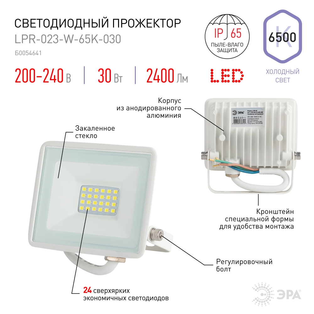 Прожектор светодиодный уличный Эра LPR-023-W-65K-030 (Б0054641) светодиодный прожектор led favourite cob 300w 85 245v в2 5800 6500 к