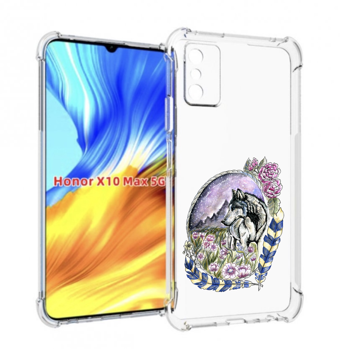 

Чехол MyPads нарисованный волк в цветах с перьями для Honor X10 Max, Прозрачный, Tocco