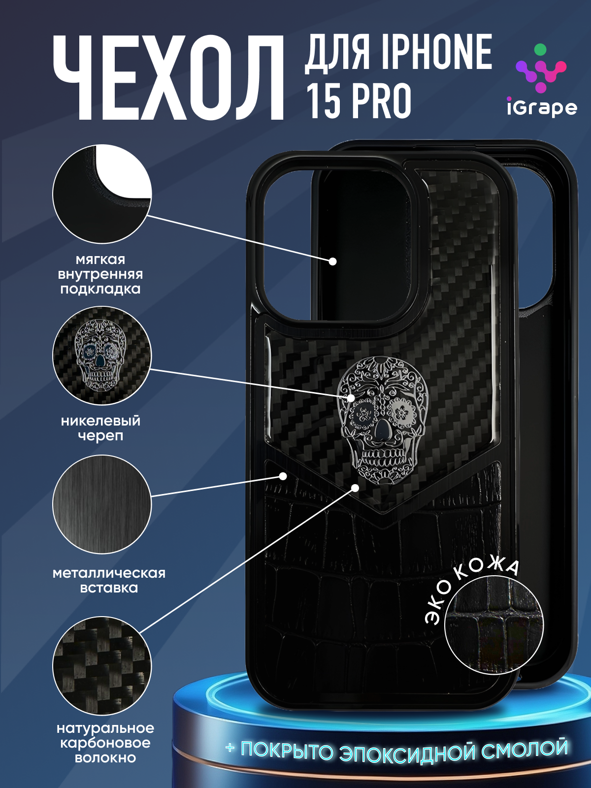

Чехол с черепом из кожи и карбона для iPhone 15 Pro, iGrape