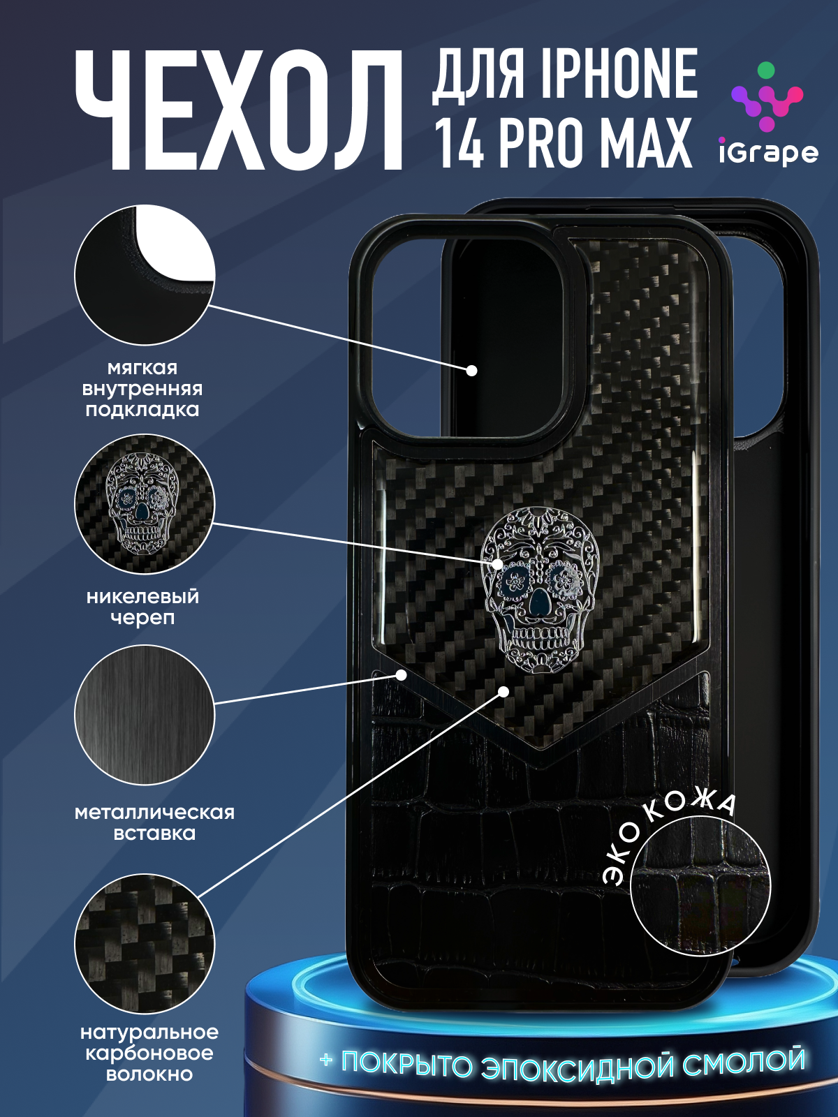 

Чехол с черепом из кожи и карбона для iPhone 14 Pro Max, iGrape, Черный