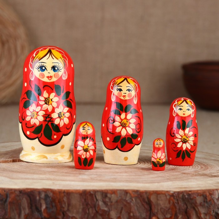 

Матрёшка Цветочек Красный платок, 5 шт, 11 см