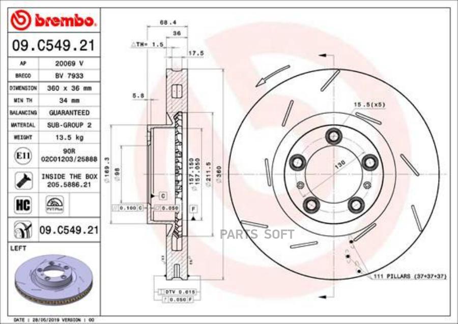 

BREMBO '09C54921 Диск торм.пер.лев.PORSCHE PANAMERA 09-16 360мм 1шт