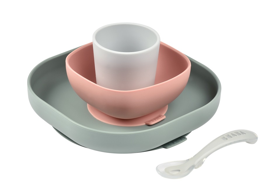 фото Набор детской посуды beaba 2 тарелки, стакан, ложка silicone meal set (4pcs) eucalyptus