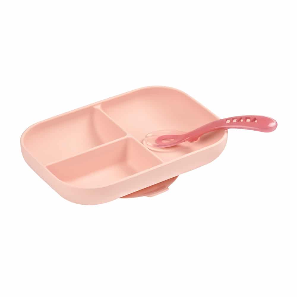 Набор детской посуды BEABA тарелка, ложка Set repas silicone avec ventouse rose