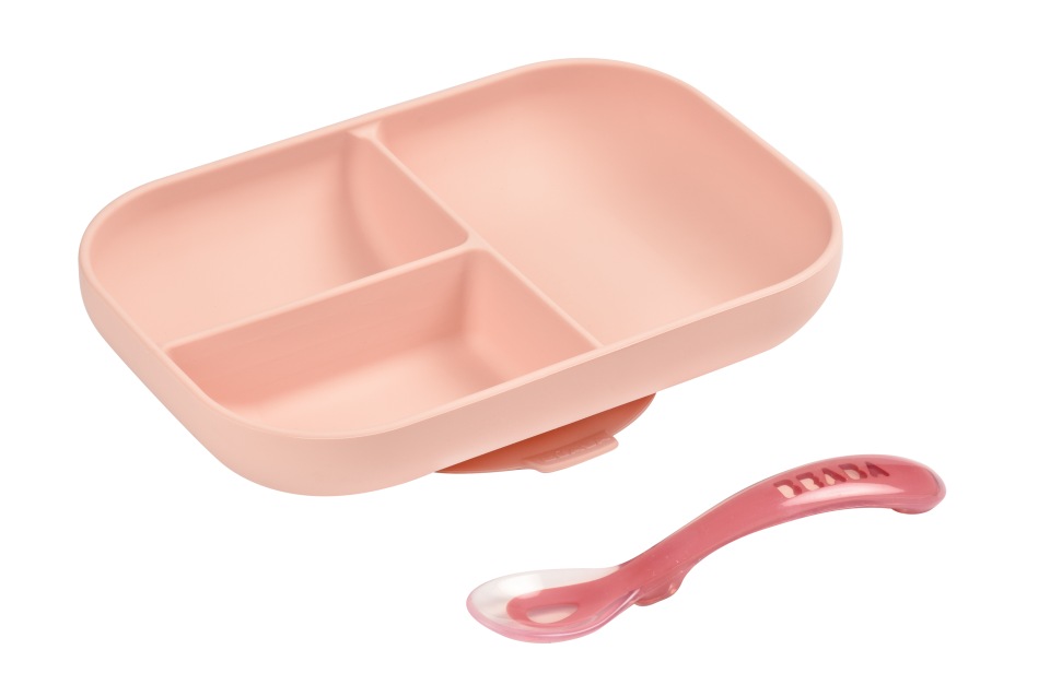 фото Набор детской посуды beaba тарелка, ложка set repas silicone avec ventouse rose