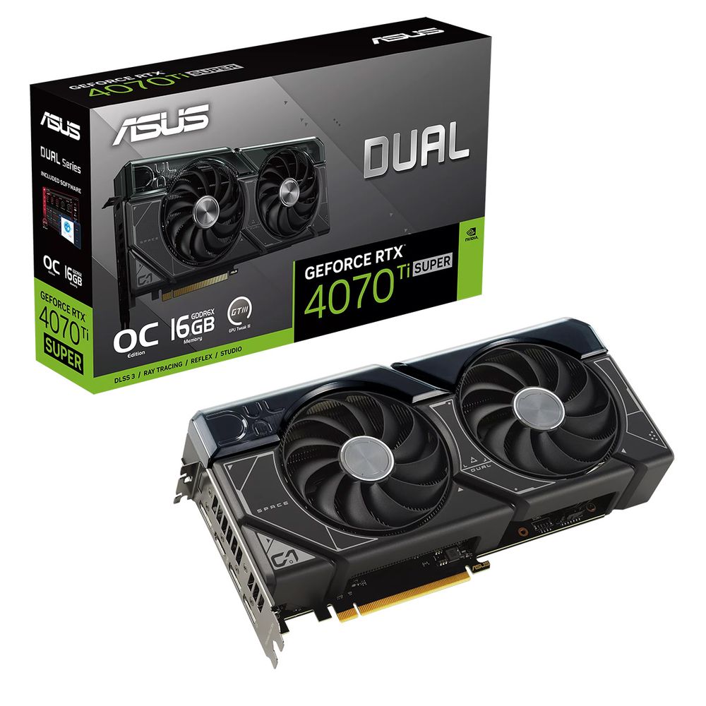 

Видеокарта ASUS NVIDIA GeForce RTX 4070 Ti SUPER DUAL OC (DUAL-RTX4070TIS-O16G), Черный, GeForce RTX 4070 Ti SUPER DUAL OC