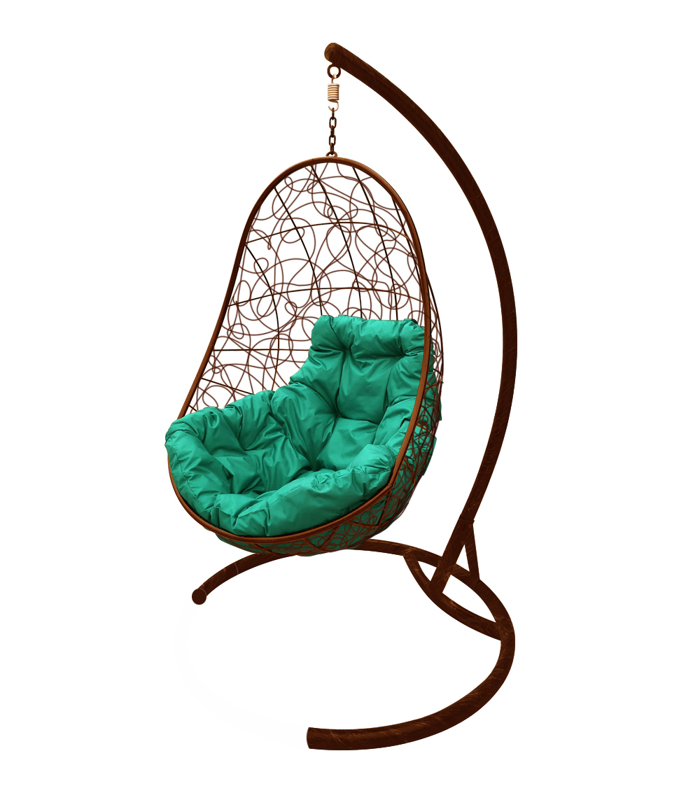 фото Подвесное кресло m-group "овал" с ротангом коричневое, зелёная подушка