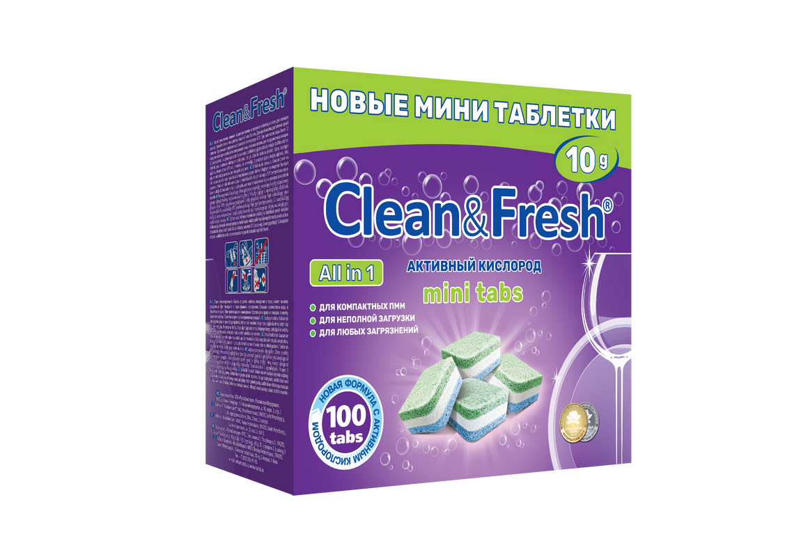 фото Таблетки для пмм clean&fresh all in 1 mini tabs 100шт по 10г