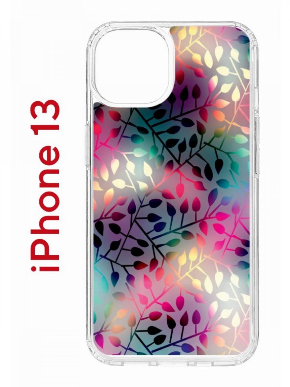 

Чехол на iPhone 13 с принтом Kruche Print Цветные листья, бампер с защитой камеры, Прозрачный;розовый;зеленый;фиолетовый, Айфон 13