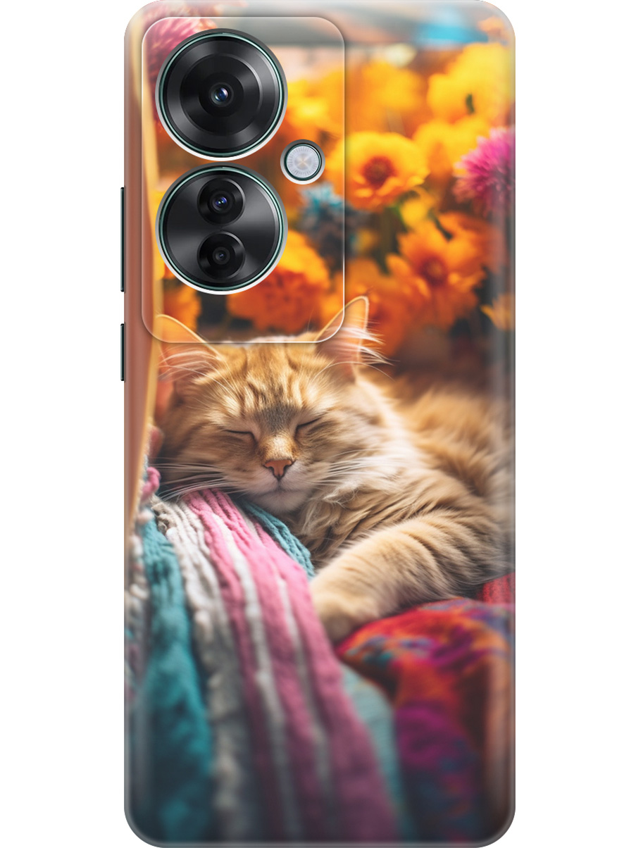 

Силиконовый чехол на Oppo Reno11 f 5G с принтом "Спящий на пледе котик", Прозрачный;белый;желтый, 782631211