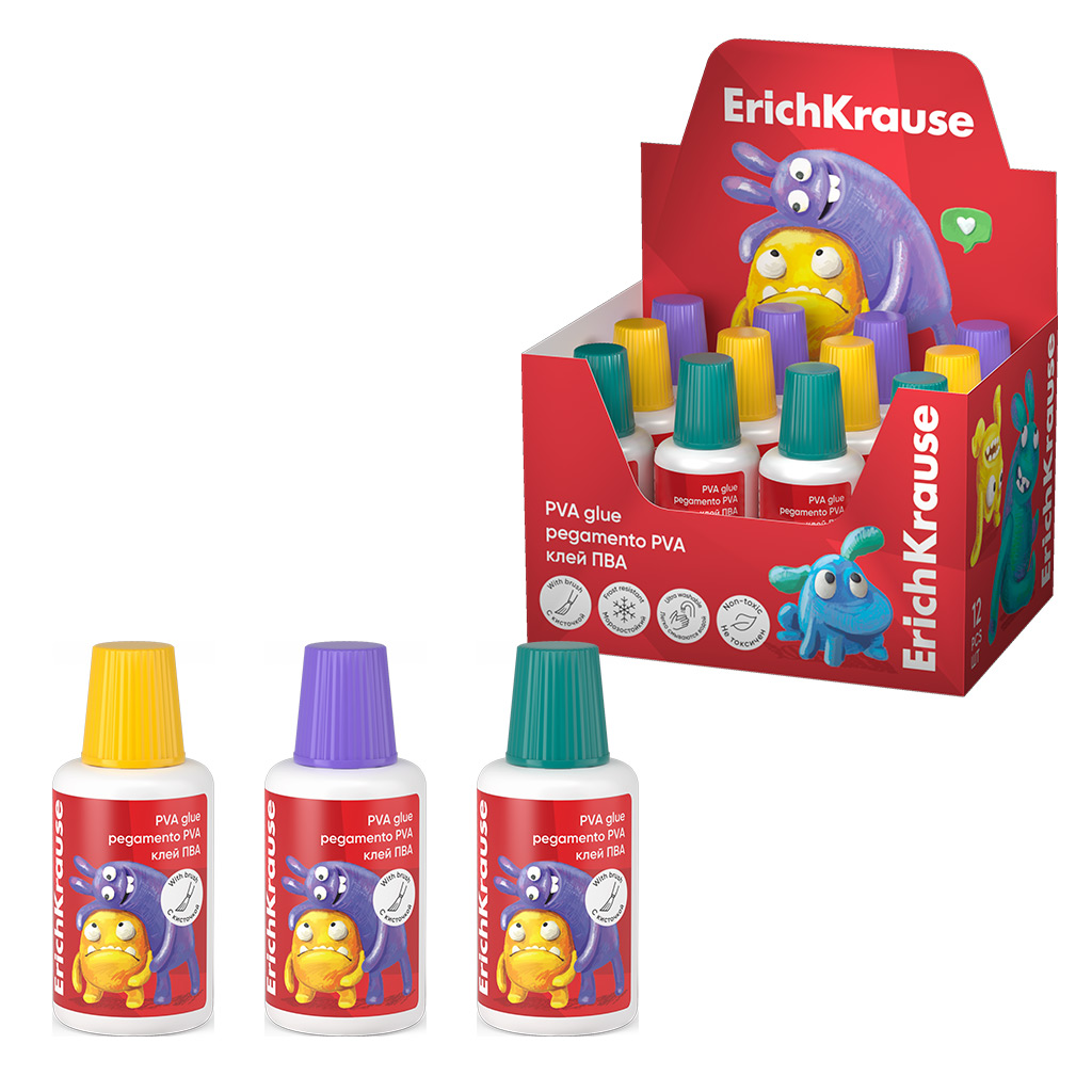 Клей ПВА ErichKrause EasyStick Jolly Friends 61288 с кисточкой 20мл 12 шт 549₽