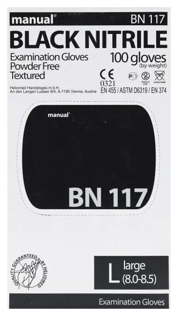

Перчатки для медосмотров Manual BN 117 нитриловые черные L 50 пар