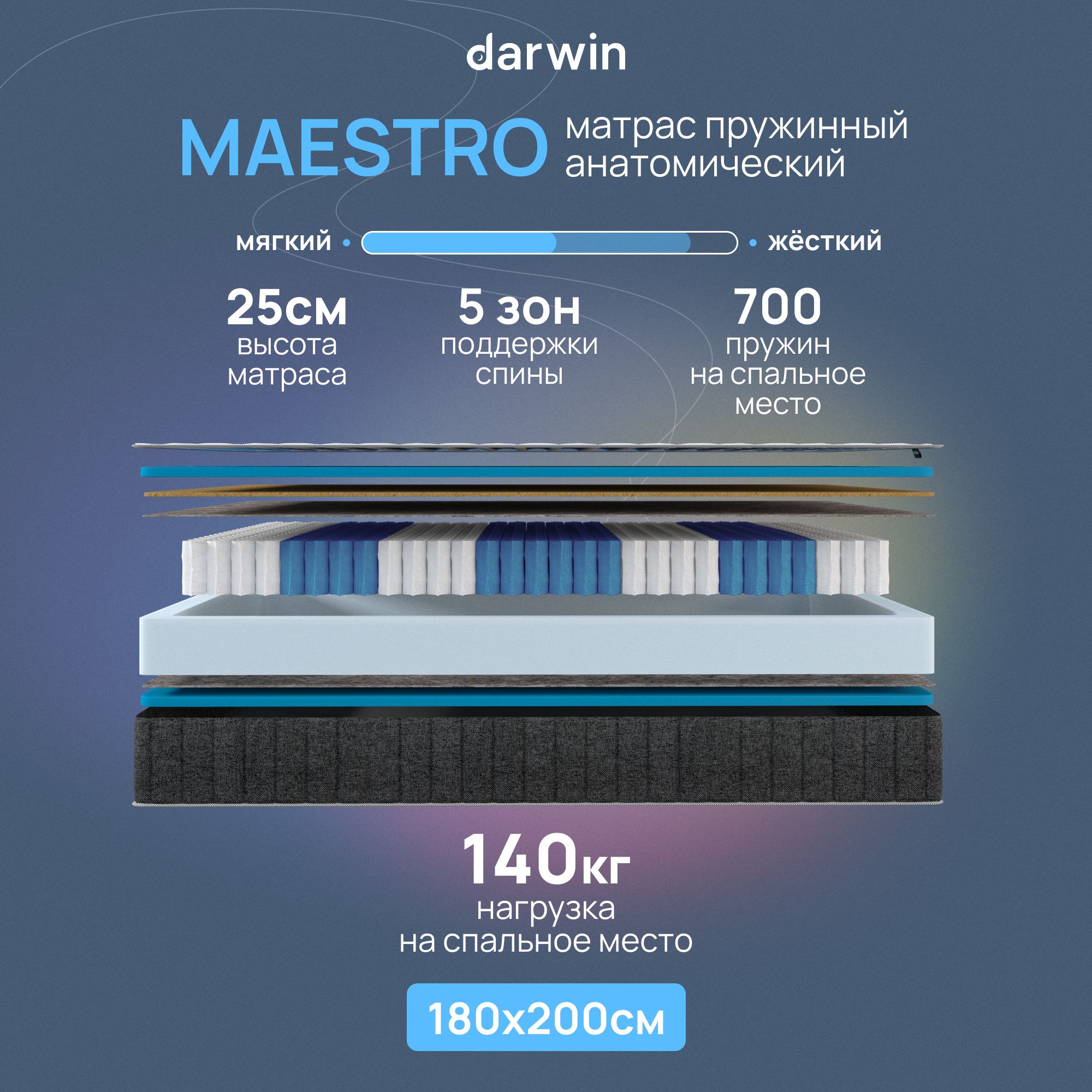 Пружинный матрас Darwin Maestro 180х200, независимые пружины, высота 25 см, 1 шт, белый