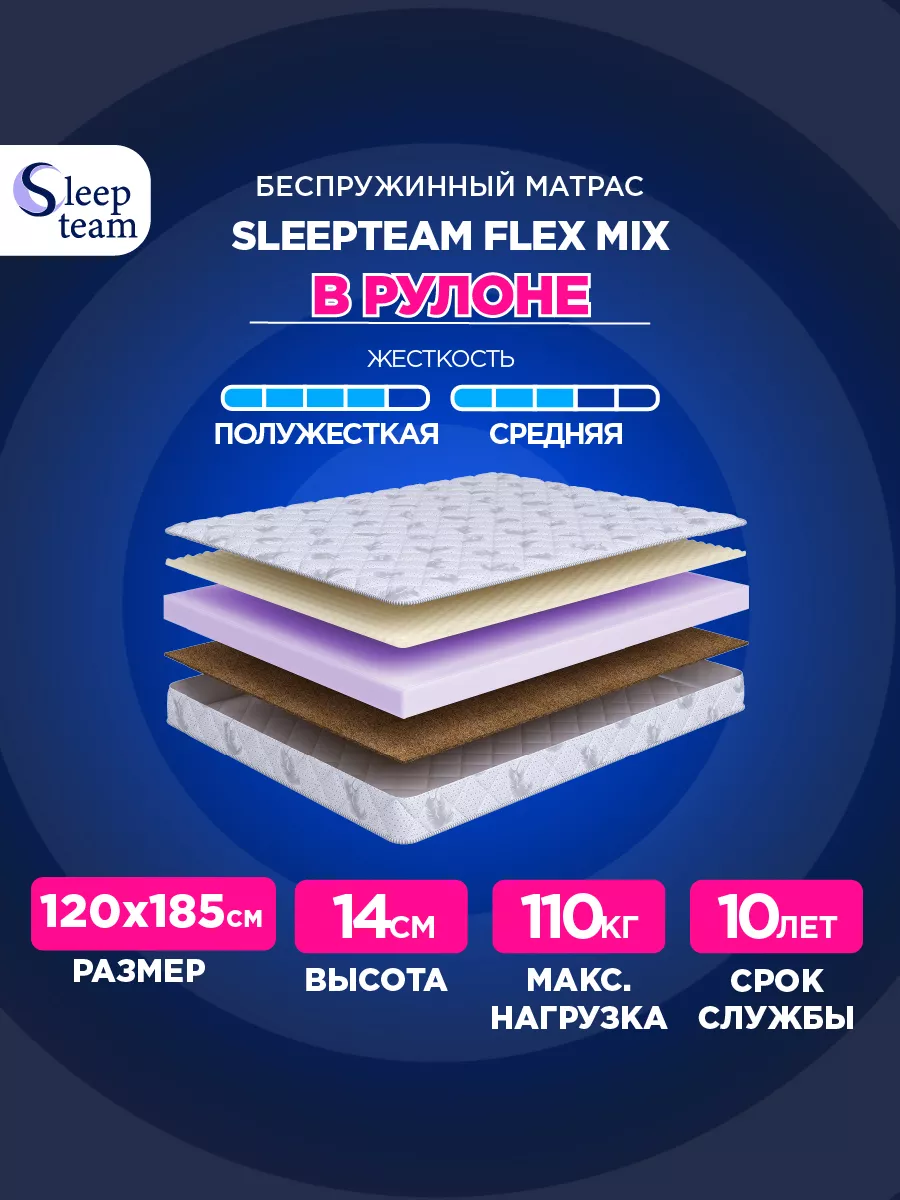 

Матрас анатомический SleepTeam Flex Mix 120х185, высота 14см беспружинный, Белый, Flex