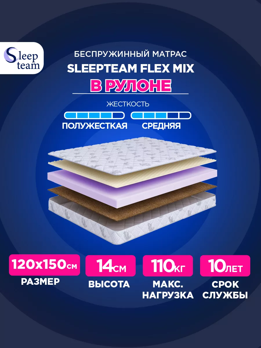 

Матрас анатомический SleepTeam Flex Mix 120х150, высота 14см беспружинный, Белый, Flex