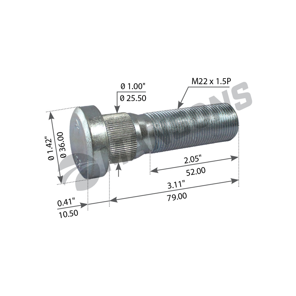 800.106MNS_шпилька ступицы колеса передняя M22x1.5x89/79 RVI Premium/Magnum